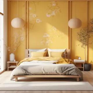 日本风格卧室白色与黄色调模拟，带枕头的床，墙纸，日式简约室内设计及空白空间