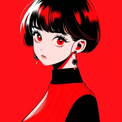 可爱的卡通女孩，梅普斯风格极简时尚插画，红背景与黑白红搭配，正面视图。