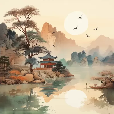 中国传统水墨画：湖边亭阁与鸟绘艺术的精致展现
