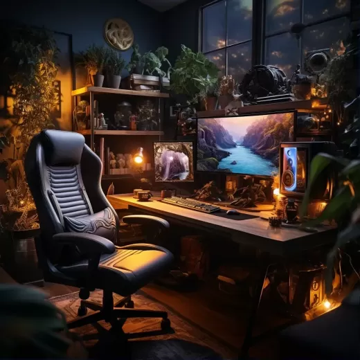 現代電競游戲裝備：高清顯示器、動漫周邊、書籍與光盤、墻面裝飾、白色大理石桌，溫馨照明與電影級燈光，4K超清畫質。