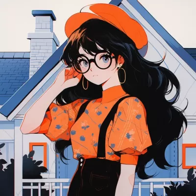 黑发女孩穿衬衫戴墨镜，夏日时光里的花波普与80年代日本城市流行，简洁明快的色彩展现生动卡通插图。
