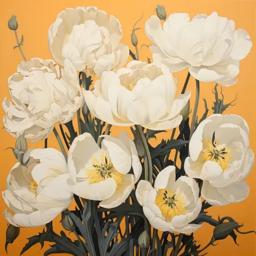 白色郁金香畫作，黃背景，海夫卡拉曼、尼爾·維爾維爾、米哈伊爾·弗魯貝爾風格，壁畫繪畫，單色作品，淺橙色和翡翠綠，自然比例，尺寸180x2，畫布1:1，原始風格，調子5.2。