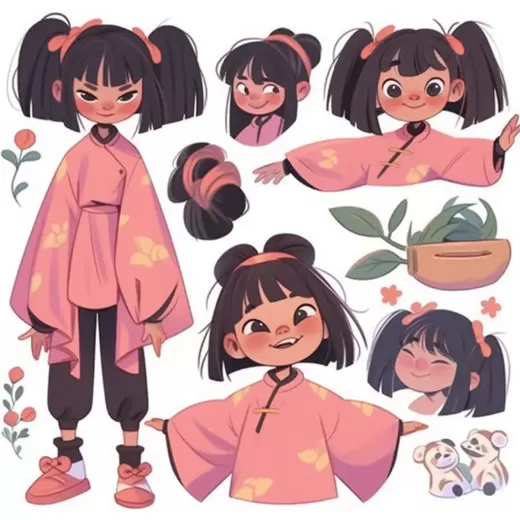 可愛中國女孩：表情搞怪，臉型圓潤，簡約風格，幾何圖形圓滑生動，扁平高飽和純色，外輪廓風格——AR1:1——表現力十足——尼吉5——S750。