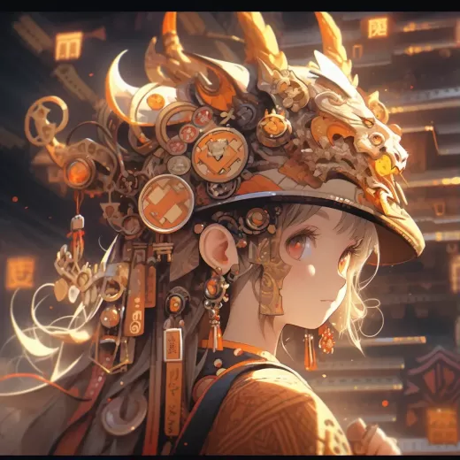 可愛女孩戴中國龍角，穿機械材料服裝，炫彩裝飾，科技感十足