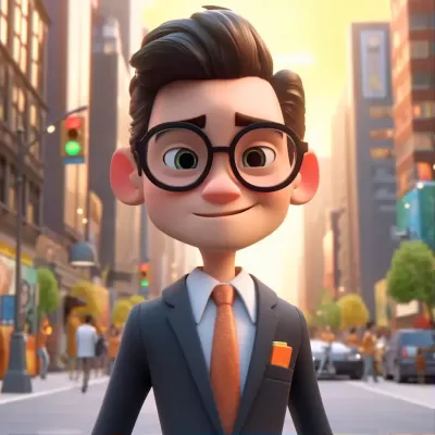 帅气男子穿西装戴眼镜，纽约街头行走，迪士尼风格卡通角色3D动画