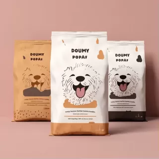 小狗食粮包装设计，三款一组，快乐吃食的卡通小狗，简约活泼，1:1比例原图，5.2版本风格