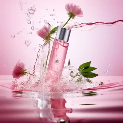 粉色保湿护肤品产品摄影，悬浮在空中的一瓶粉嫩护肤霜，背景为清澈水面和飘浮植物，专业灯光拍摄，高清细节4K。