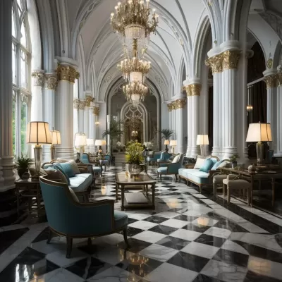 豪华精品酒店大堂：大理石地板、精美吊灯与优雅家具，展现尊贵与奢华