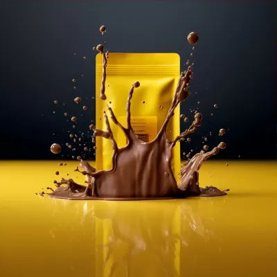 黄色简约包装袋立体摆放在巧克力海洋中，背景有巧克力溅射效果，广告摄影作品