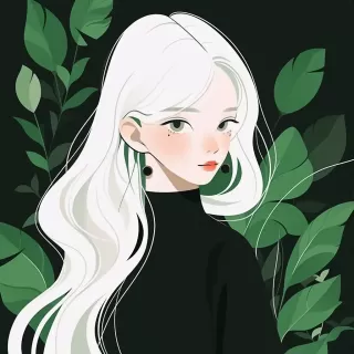 美丽的中国女孩：白发绿眼，深绿裙装，绿色背景，简约艺术家风格，抽象孟菲斯风格，扁平插画，矢量插画。