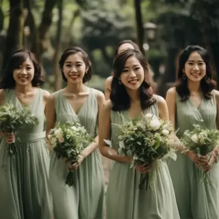 亚洲婚礼现场：一群身着翠绿色礼服的伴娘们欢乐洋溢