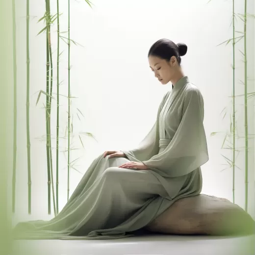 中國女士身著簡約漢服，手持綠竹，以kos maior風格冥想的精美藝術照
