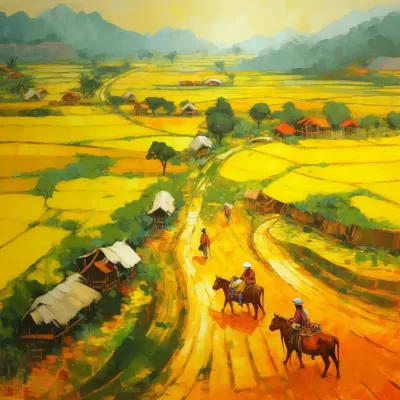 广袤的稻田，黄澄澄的金秋，无尽的道路，牛羊成群，老人与孩子