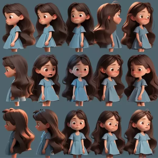 可愛的長棕發女孩，穿著藍色裙子，拿著黑色馬丁書，3歲，展示多張3D渲染角色姿勢和不同表情，全身照——1:1比例——風格表現力強——使用Niji 5。