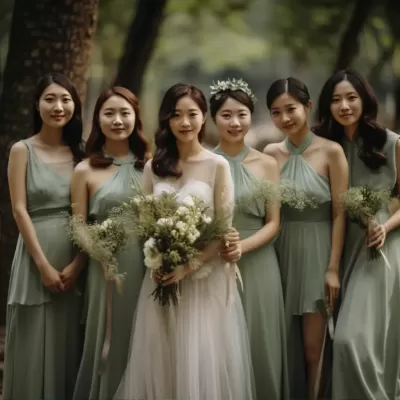 亚洲婚礼现场：一群身着翠绿色礼服的伴娘们欢乐洋溢