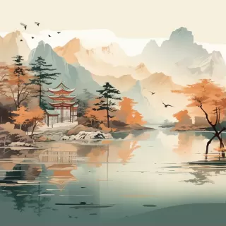 中國傳統水墨畫：湖邊亭閣與鳥繪藝術的精致展現