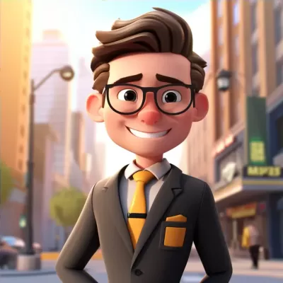 帅气男子穿西装戴眼镜，纽约街头行走，迪士尼风格卡通角色3D动画