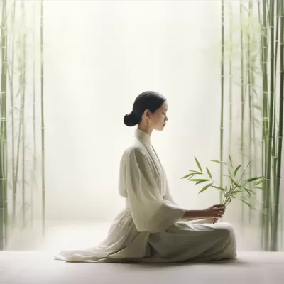 中国女士身着简约汉服，手持绿竹，以kos maior风格冥想的精美艺术照