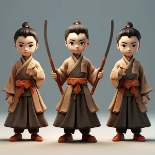 中国古代风格IP形象设计：武术家族的少年，手持武器，丰富细节与简洁背景相结合，C4D与Blender打造3D模型与卡通风格，展现唐代服饰之美